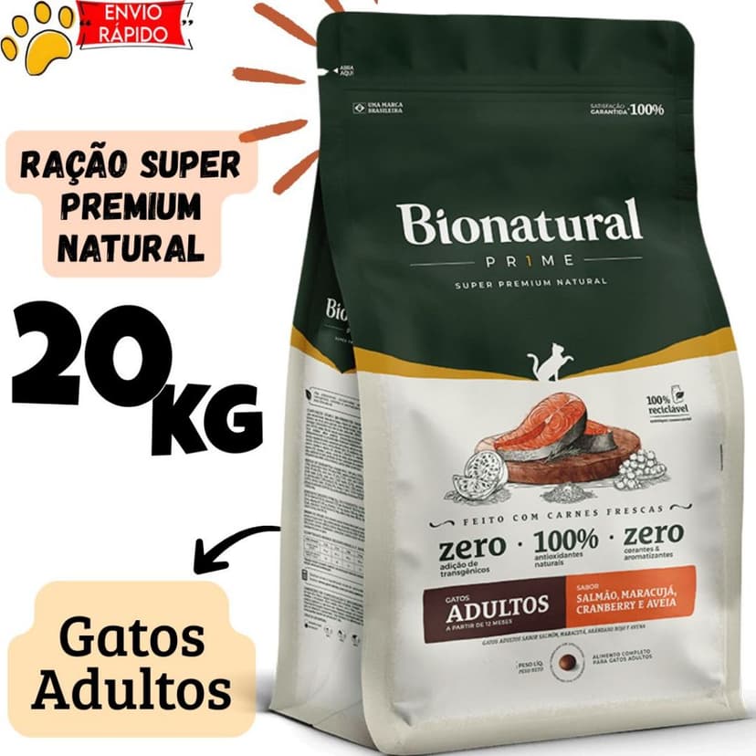 Ração Bionatural Prime Gatos Adultos 20kg Super Premium Natural Salmão Maracujá Cranberry e Aveia