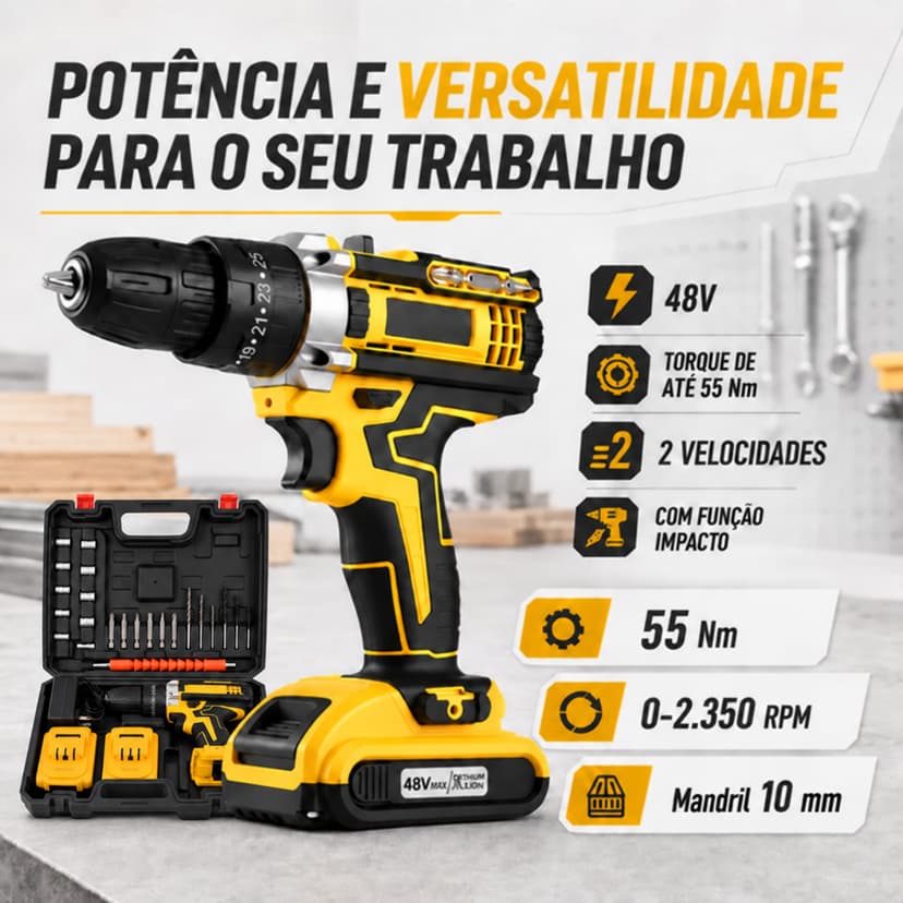 Parafusadeira Furadeira de Sem Fio Impacto 3 Funções 2 Baterias 48V Com Maleta e Acessórios Completo