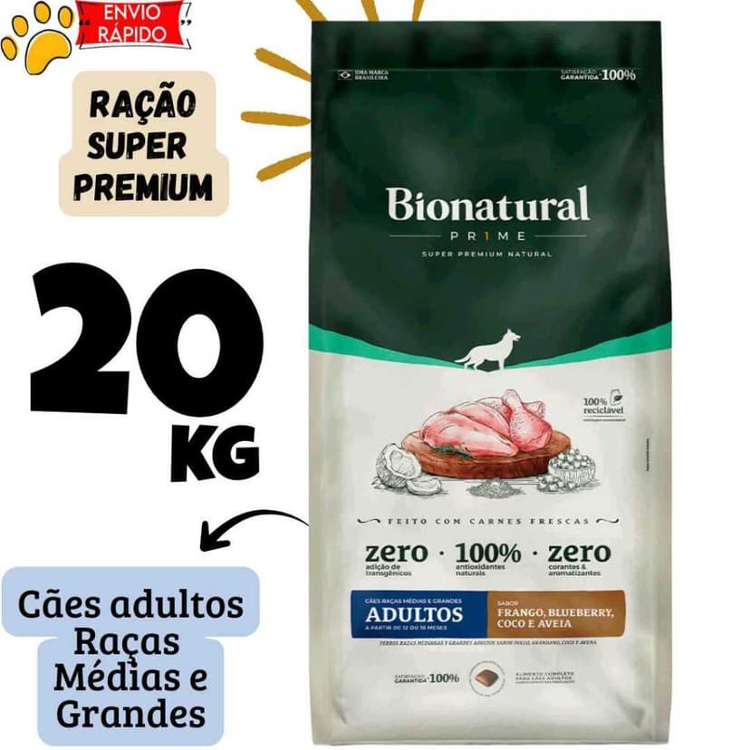 Ração Bionatural Prime Super Premium Natural 20kg Cães Adultos Raças Médias e Grandes Frango