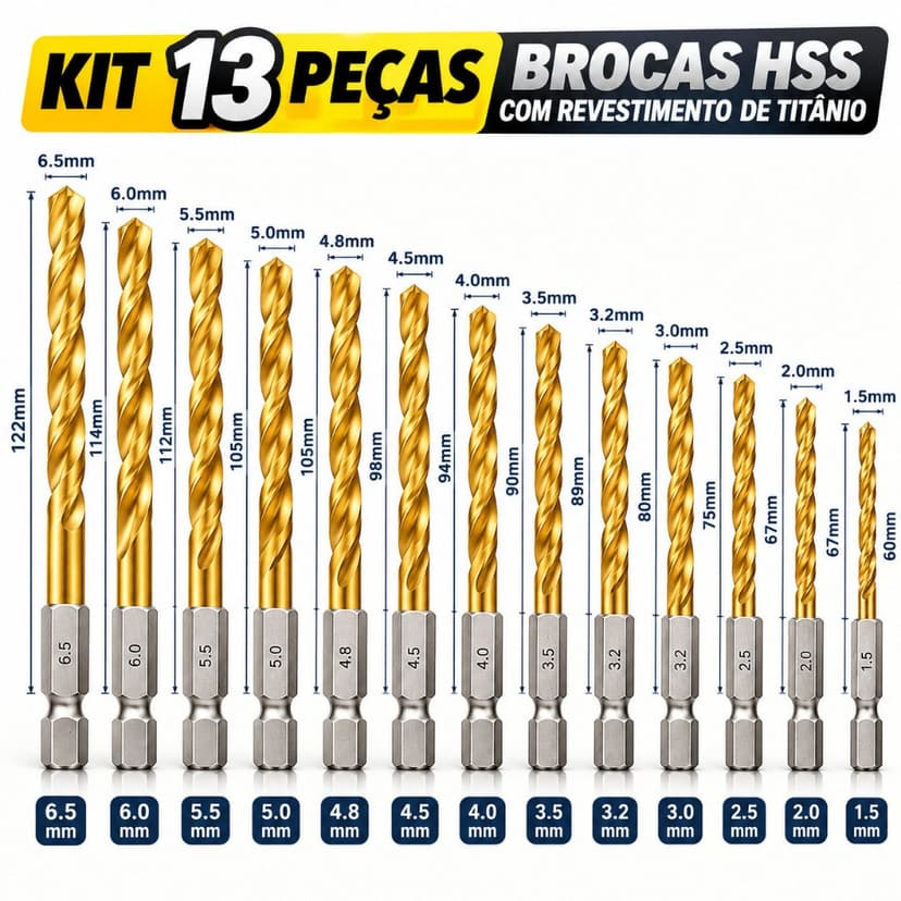 Kit 13 Brocas HSS Titânio com Haste Hexagonal 1/4" Troca Rápida para Furadeira e Parafusadeira Madeira Plástico Alumínio