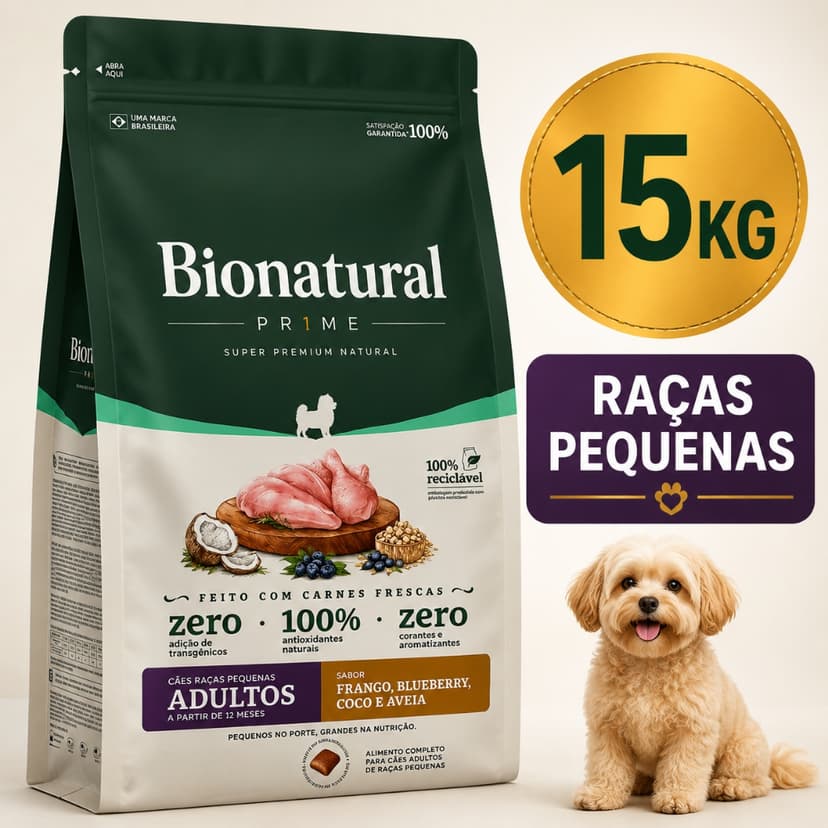 Ração Bionatural Adultos Raças Pequenas 15kg Frango Blueberry Coco e Aveia Super Premium