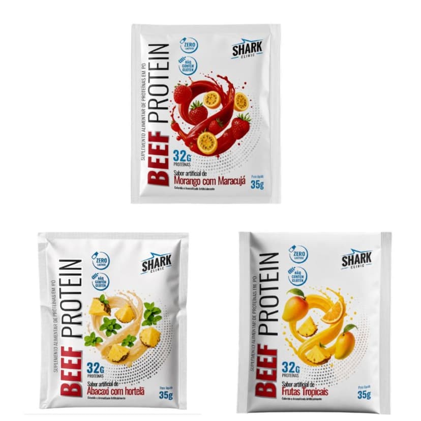 Kit Sache Beef Protein Shark 3x dose única Proteina Whey Da Carne Sabor Suco Zero Lactose