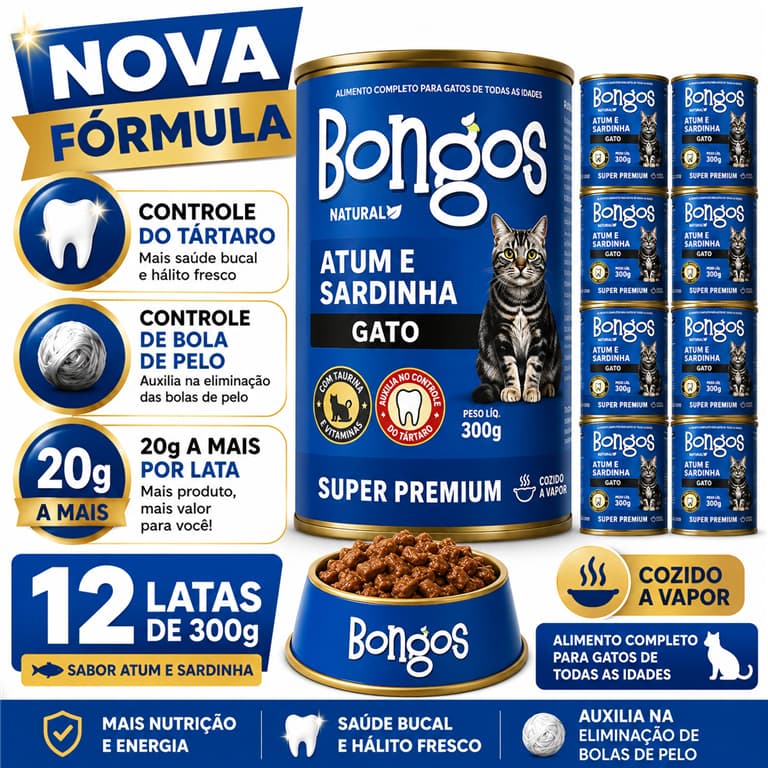 Kit 12 Ração Úmida Bongos 300g Super Premium para Gatos Controle de bola de pelos e Tártaro