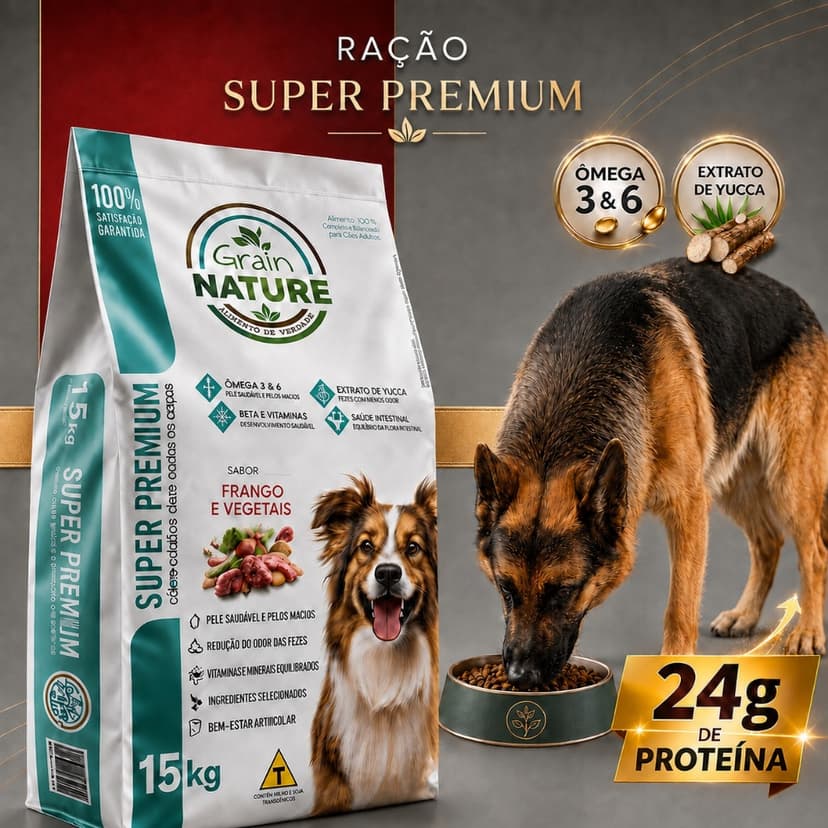 Ração Super Premium 15kg Grain Nature Com Omega 3 e 6 e Extrato de Yucca