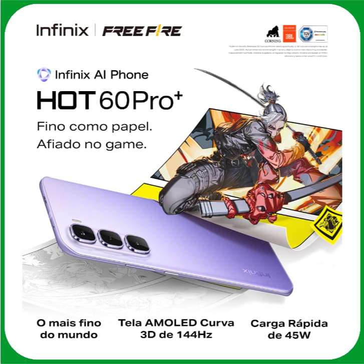 Smartphone Infinix Hot 60 Pro+ 4G 256GB Até 16GB RAM MediaTek Helio G200 Tela Curva 3D de 144 Hz Bateria 5160mAh NFC