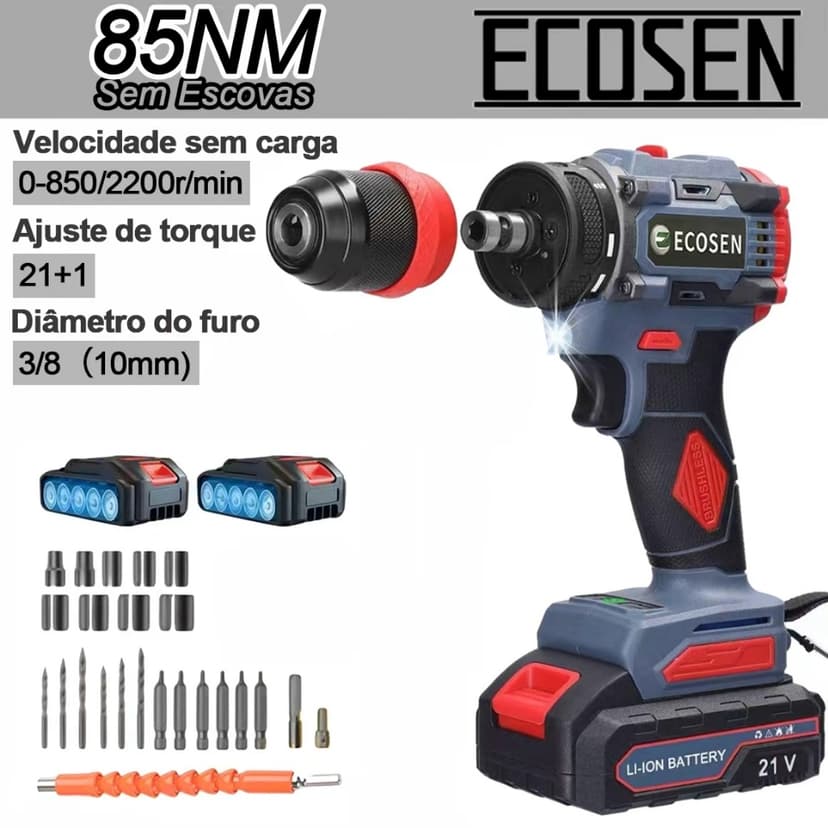 Parafusadeira Furadeira 21V Sem Escovas Leve e Potente - Kit com 2 Baterias, 85N.m Torque, 2200RPM