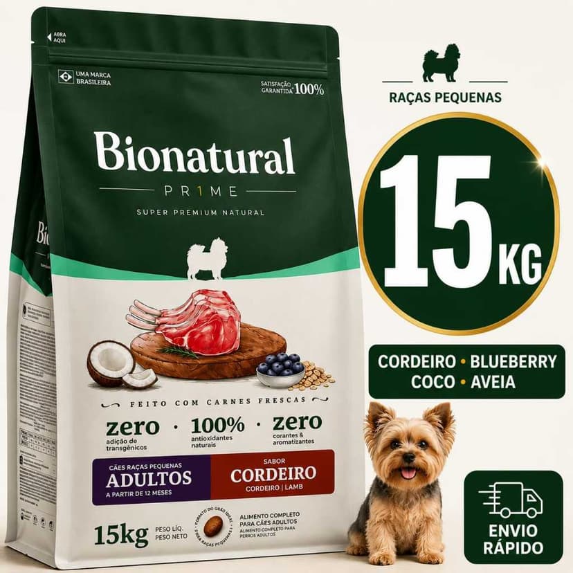 Ração Bionatural Prime Cães Adultos Raças Pequenas Cordeiro Blueberry Coco e Aveia 15kg Super Premium Natural