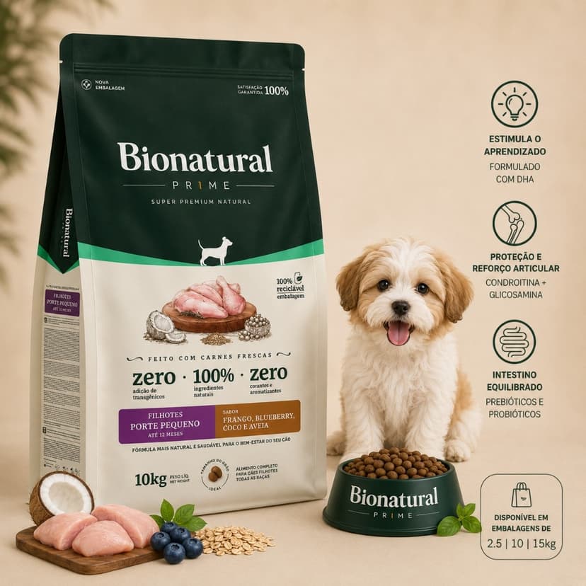 Ração Bio Natural Prime Junior Cães Filhotes Raças Pequenas Frango 10kg Super Premium Blueberry
