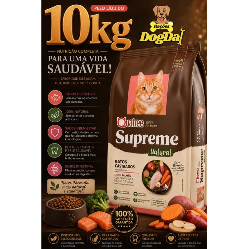 Ração Quatree Supreme Para Gatos Castrados 10kg Salmão Batata Doce Super Premium