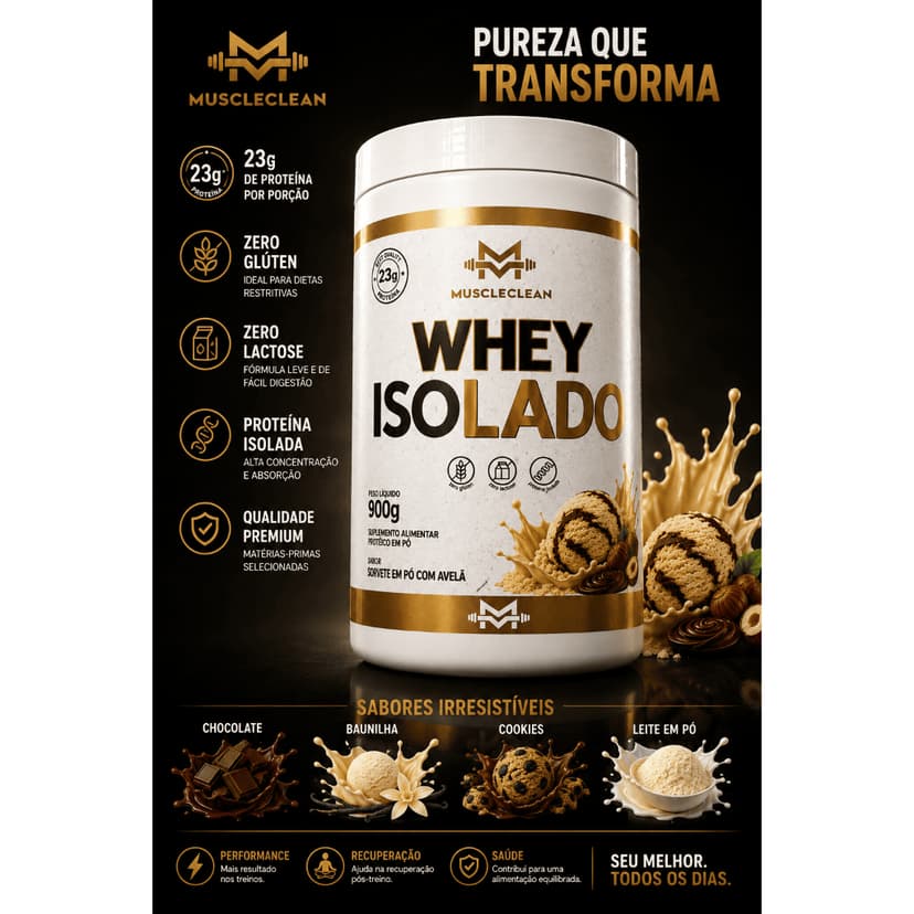 WHEY PROTEIN ISOLADO | POTE 900G | ZERO LACTOSE - MUSCLE CLEAN