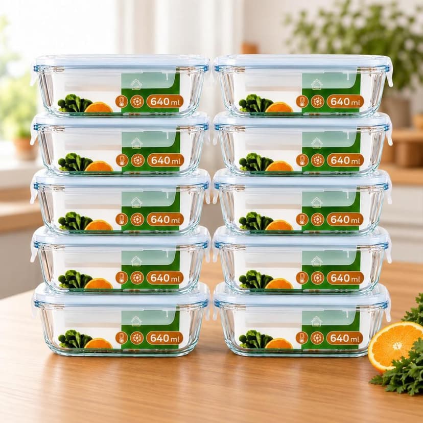 Kit 10 Potes de Vidro Herméticos 640ml Marmita 4 Travas para Freezer Air fryer Forno e Micro-ondas Super Vedação Fitness