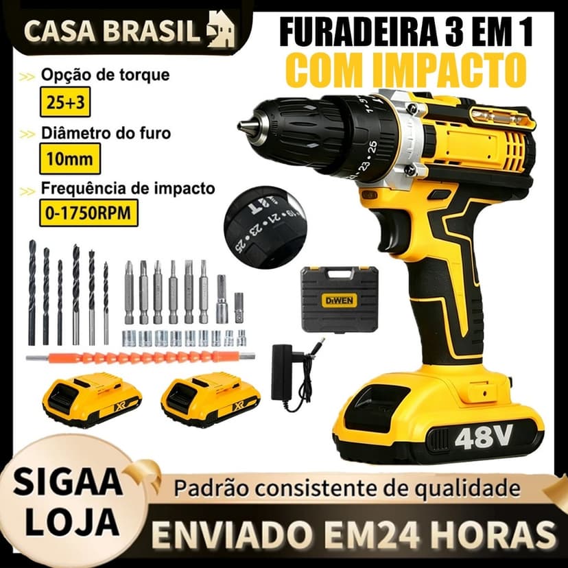 Parafusadeira 48V/18V Recarregável Profissional C/ 1 ou 2 Baterias, Maleta e Acessórios Completos