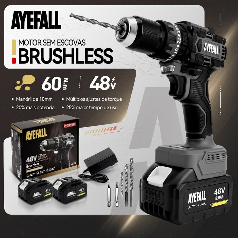 Parafusadeira Furadeira De Impacto Brushless 48V Sem Fio Kit Com 2 Baterias Brocas E Acessórios