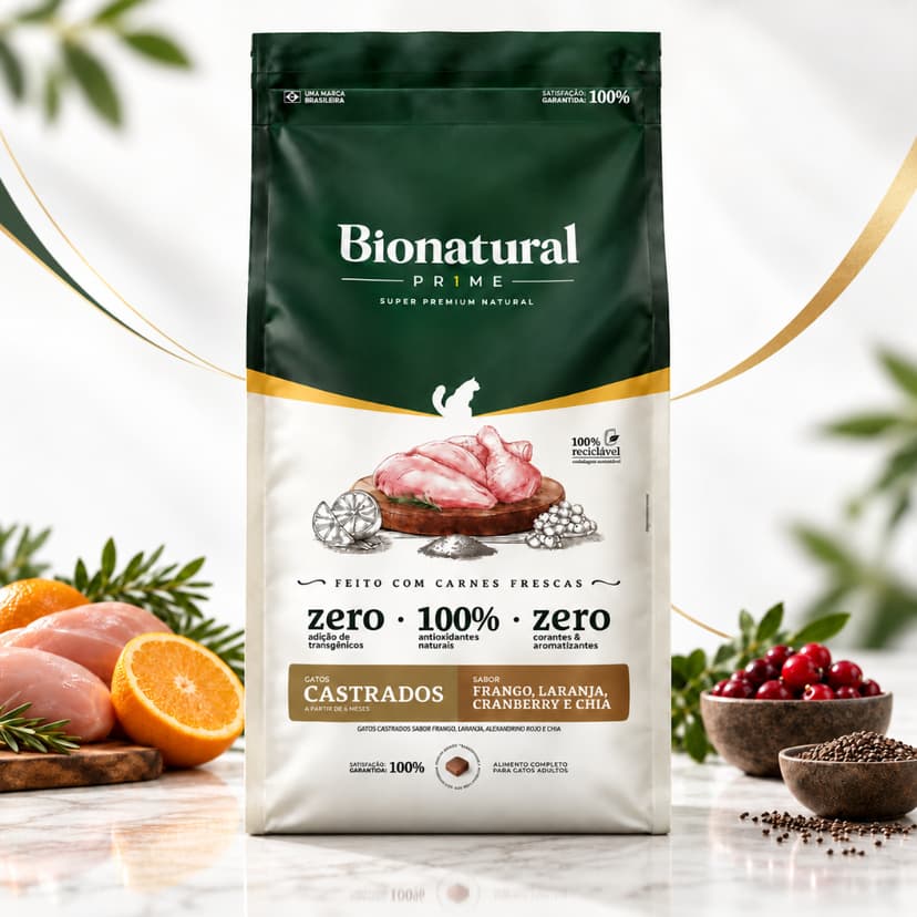 Ração Bionatural Prime Gatos Castrados Frango 20kg Super Premium Natural Sem Transgênicos e Sem Corantes Envio Imediato