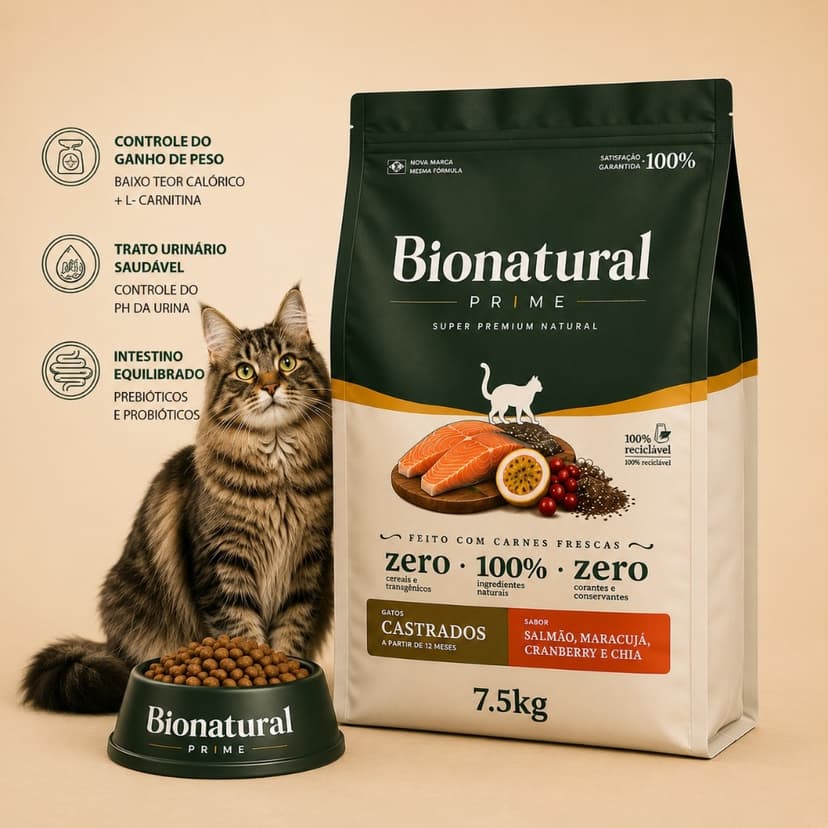 Ração Bionatural Gatos Castrados Salmão Ração Super Premium 7,5kg