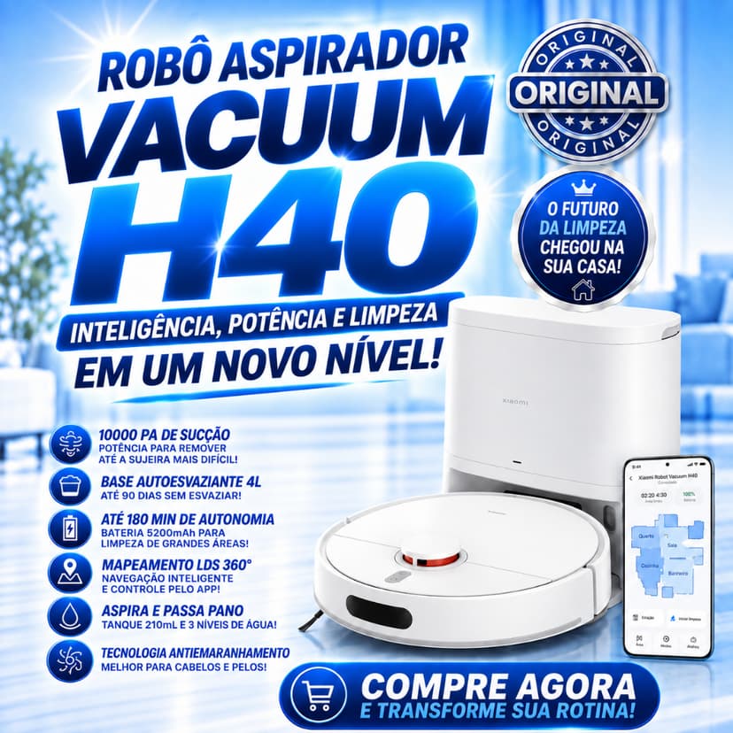 Robô Aspirador H40 – 10000Pa, Mapeamento a Laser, Autoesvaziamento, 2 em 1 Limpeza completa