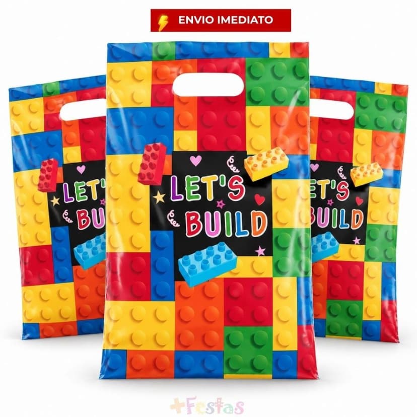 Kit até 50 Sacolas Surpresa Blocos 25x17cm Lembrancinha Festa Infantil Lego Alça Boca Palhaço
