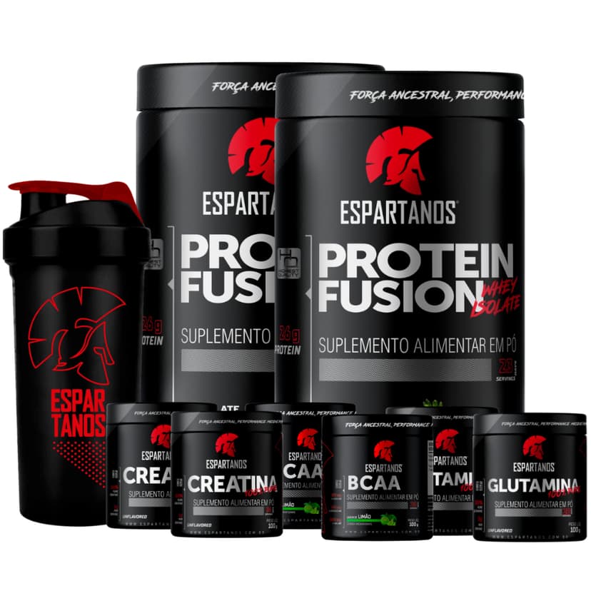 Kit 2x Whey Protein Fusion + 2x Bcaa + 2x Creatina Pura 100% + 2x Glutamina + Shaker - Espartanos