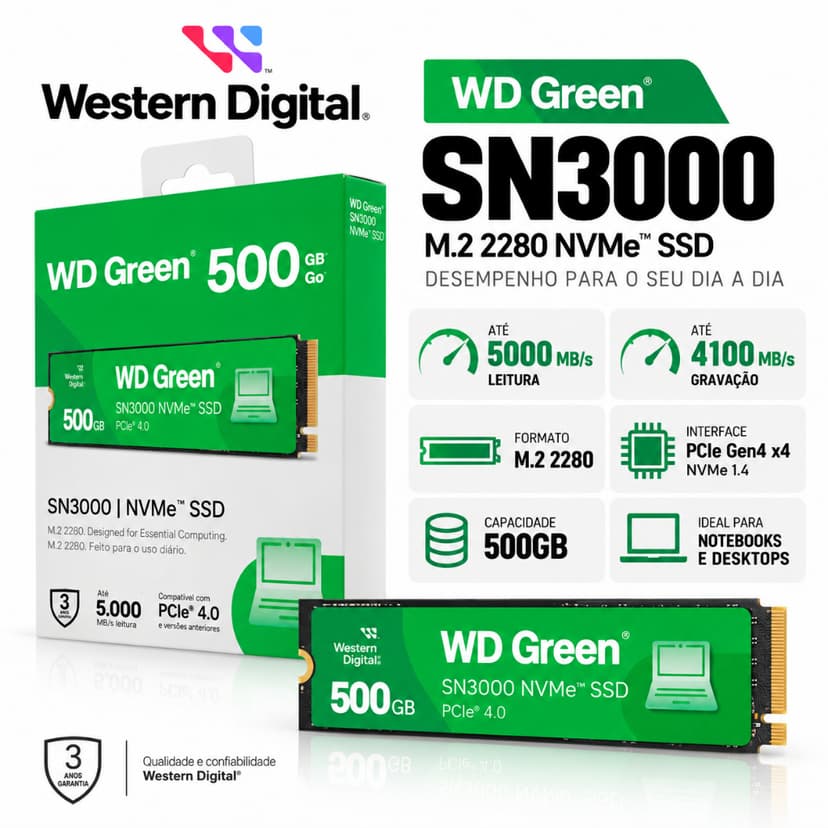 SSD M.2 500GB WD GREEN SN3000 2280 NVME PCIE GEN4.0 WDS500G4G0E 4100/5000MB/s