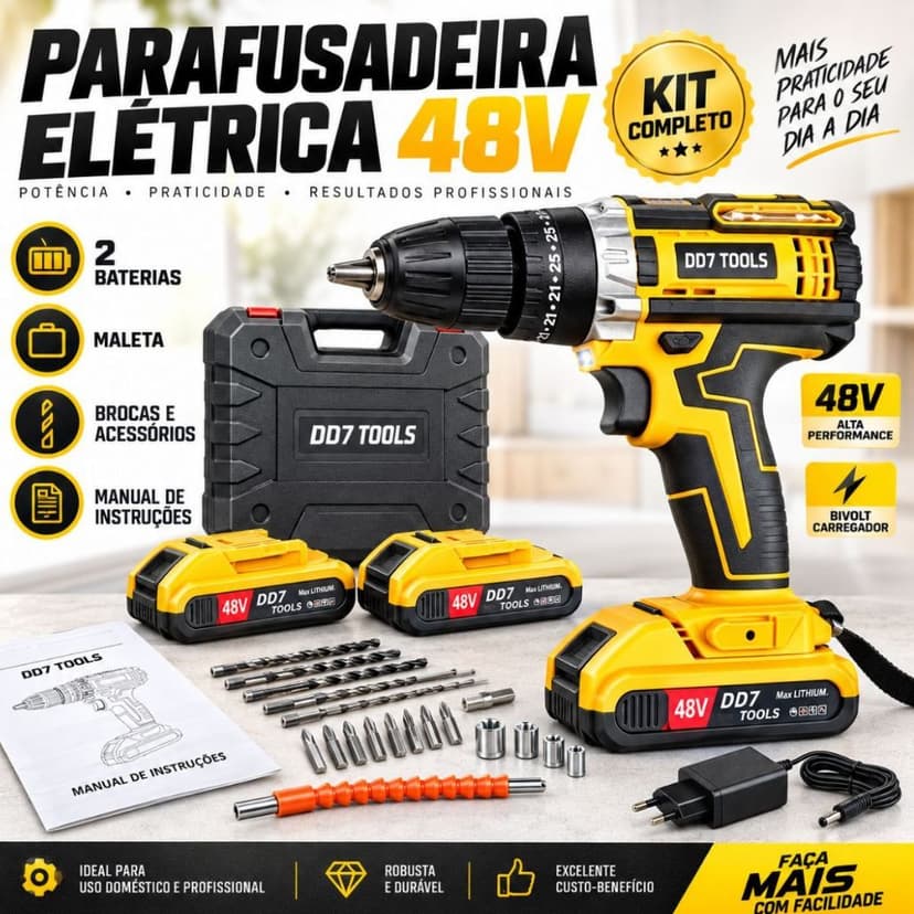 Parafusadeira Furadeira Sem Fio 48V 2 Baterias Lítio Kit Maleta Acessórios 2 Velocidades Luz LED Uso Doméstico