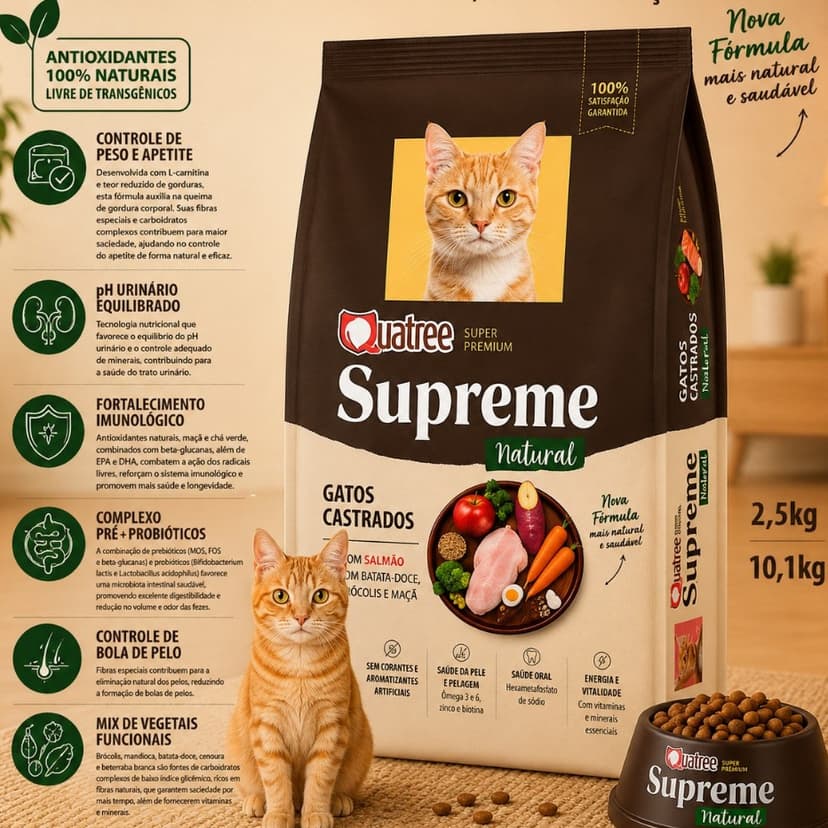 Ração Quatree Supreme Para Gatos Castrados 10kg frango Batata Doce Super Premium