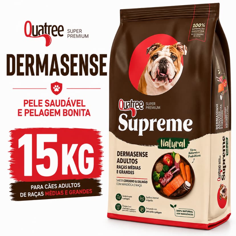 Ração Quatree Supreme Dermasense Quatree Dermato 15kg Cães Adultos Raças Médias e Grandes Envio Rápido