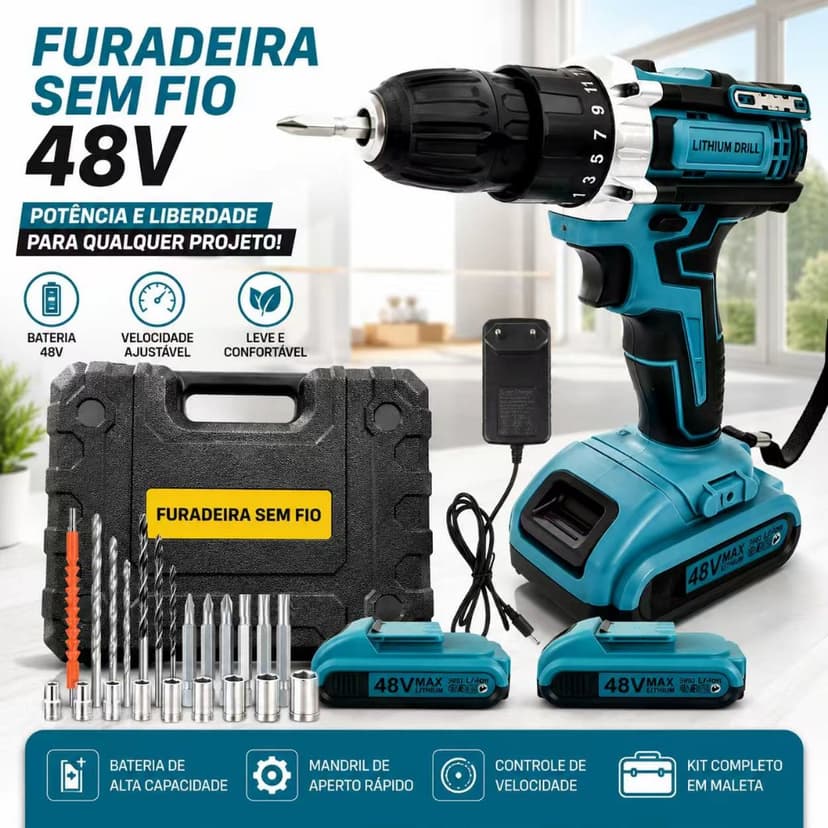 Parafusadeira Furadeira Com 48V Baterias Duplas Multifuncional Uso Doméstico Com Acessórios Completos