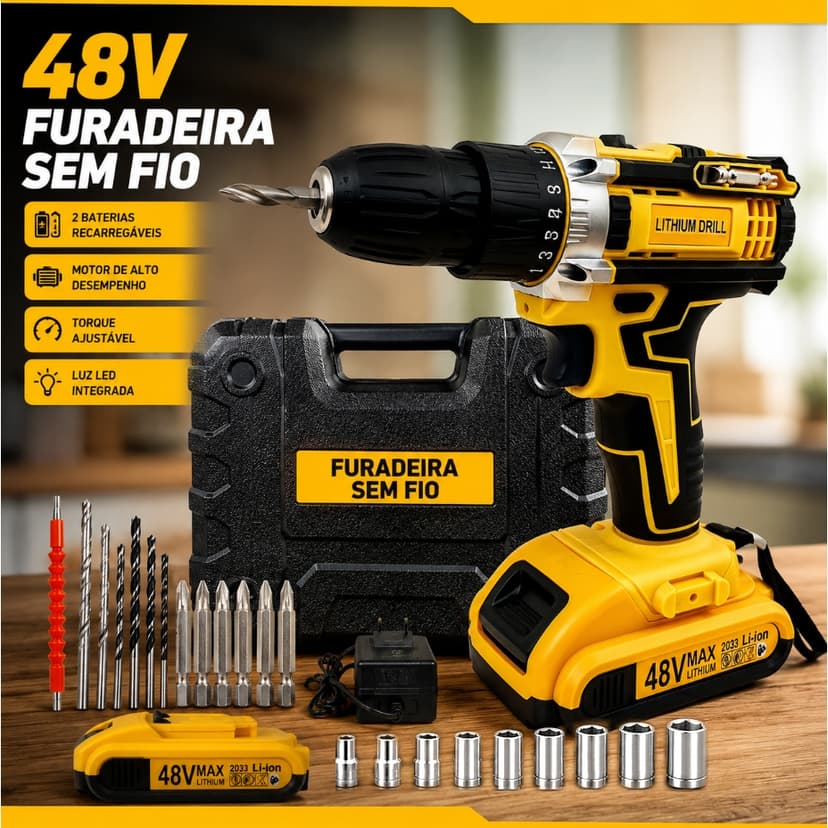 Parafusadeira Furadeira Com 48V Bateria 2 Velocidades Uso Doméstico Com Baterias Duplas E Caixa De Ferramentas