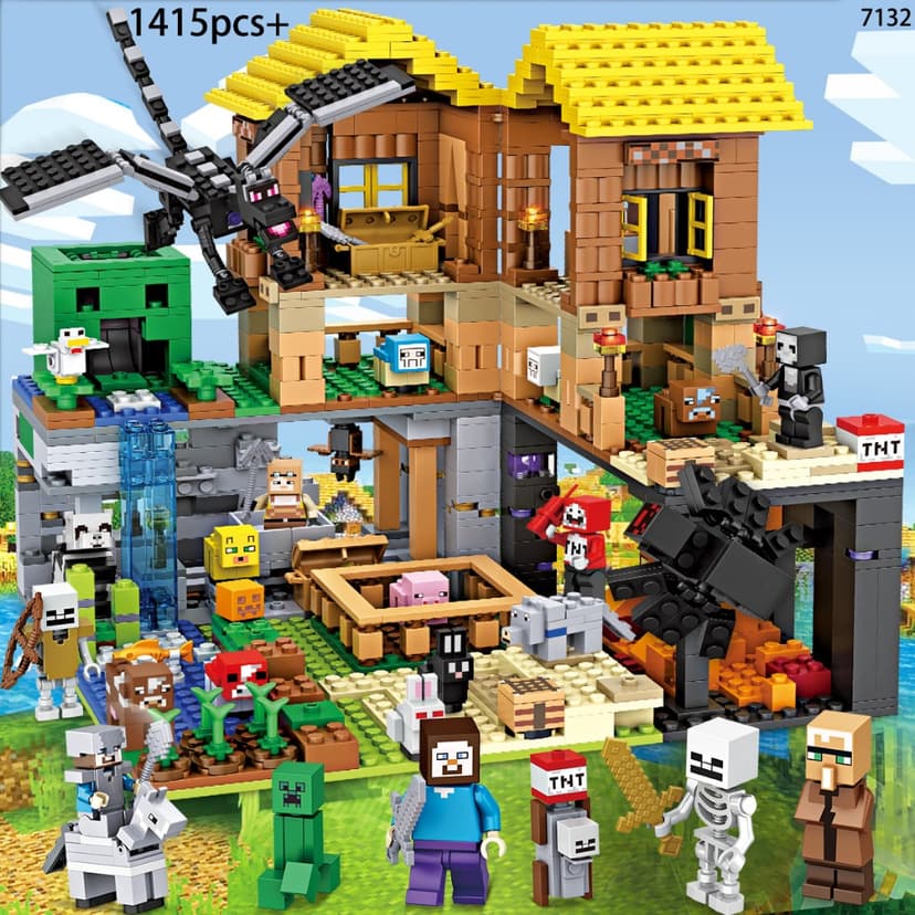 1400pcs Lego Minecraft Série Blocos de Construção Caverna Cabana Cachoeira Cavalo de Guerra Crianças DIY Montagem Cérebr