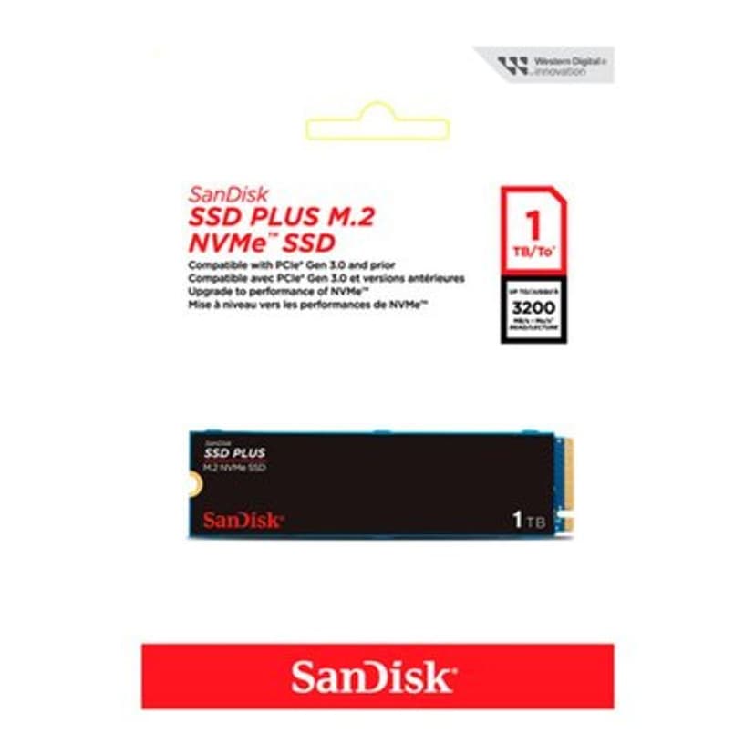 SSD SanDisk Plus, 1TB, M.2 PCle, NVMe, Leitura 3200MB/s e Gravação acima de 2500MB/s, Preto - SDSSDA3N-1T00-G26