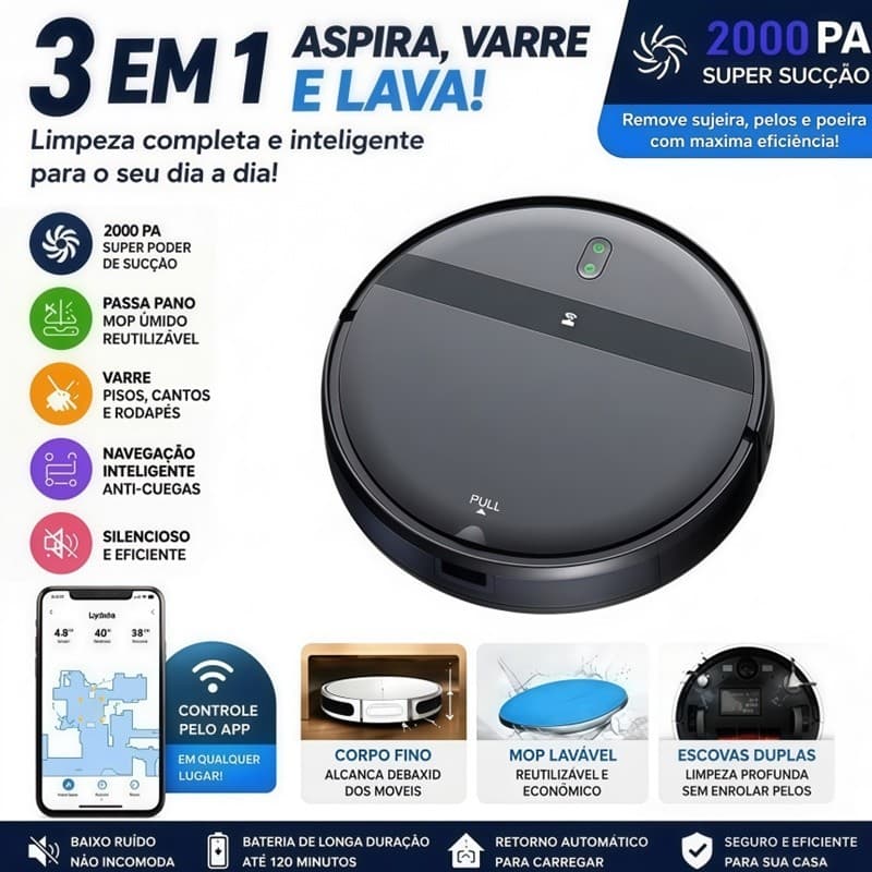 Robô Inteligente Aspirador de Pó Automático Ideal para Casa com Sensores Anti queda ,carregador contato ,Rodas de borrac
