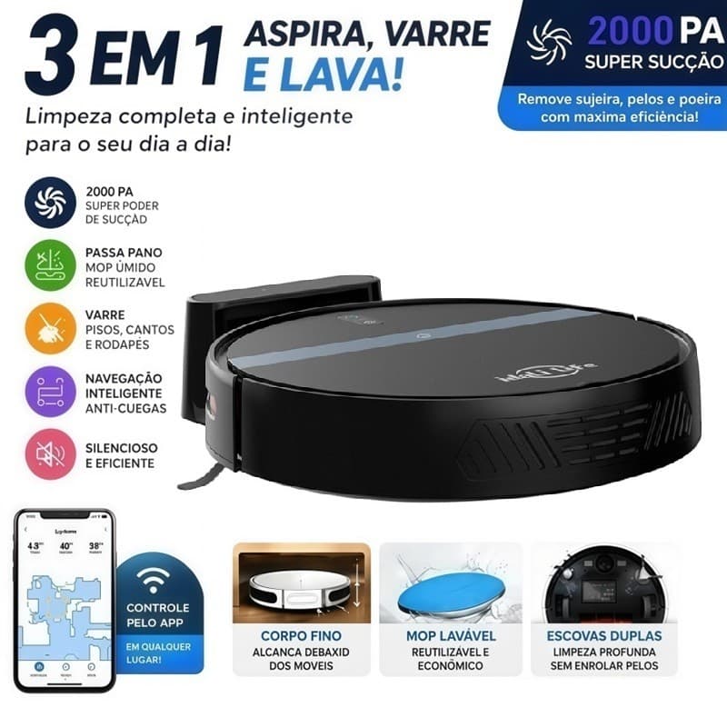 Aspirador de Pó Para Casa Robô Inteligente Com Sensores Anti- queda voltmax