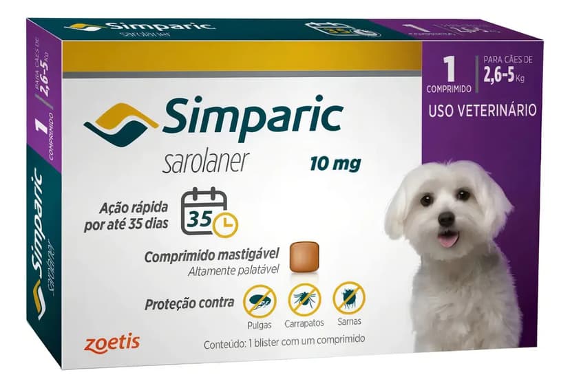 Simparic 1 Comp 10mg Pílula Antiparasitária Contra Pulgas Amarelo