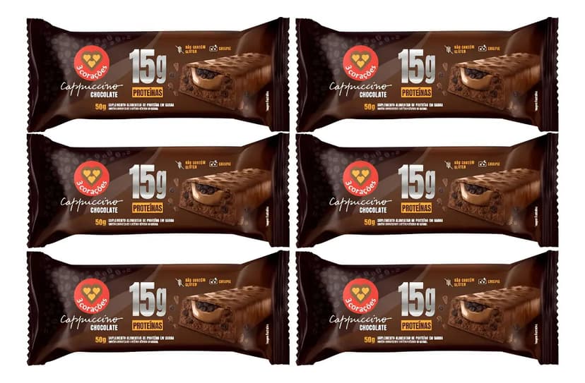 Kit 6 Barra Proteina Cappuccino Chocolate 50g 3corações