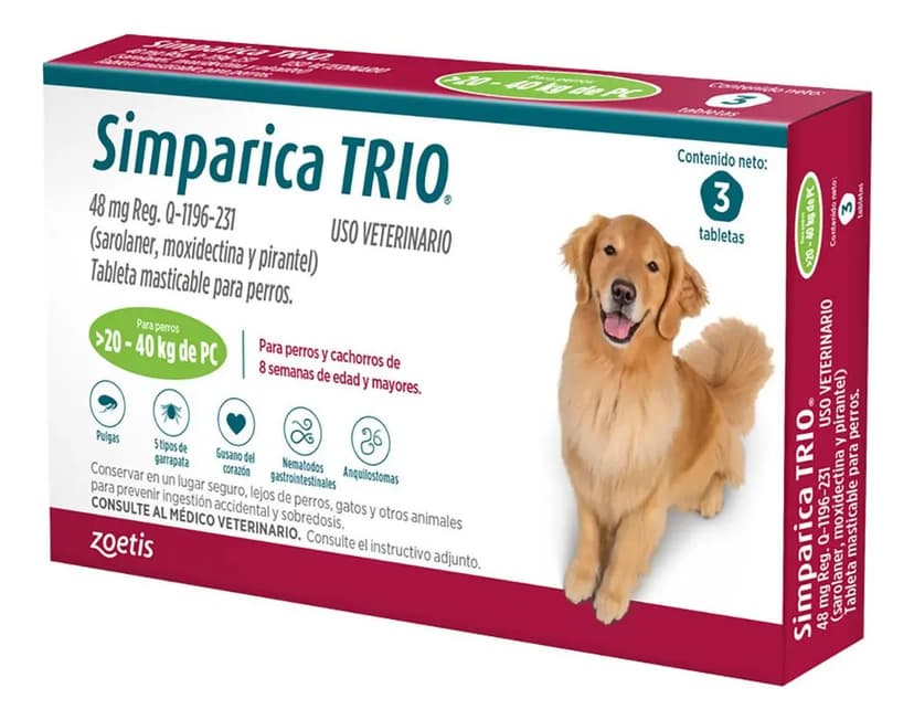 Simparic Trio Antipulgas,carrapatos,vermes Cães 48mg 3 Comp