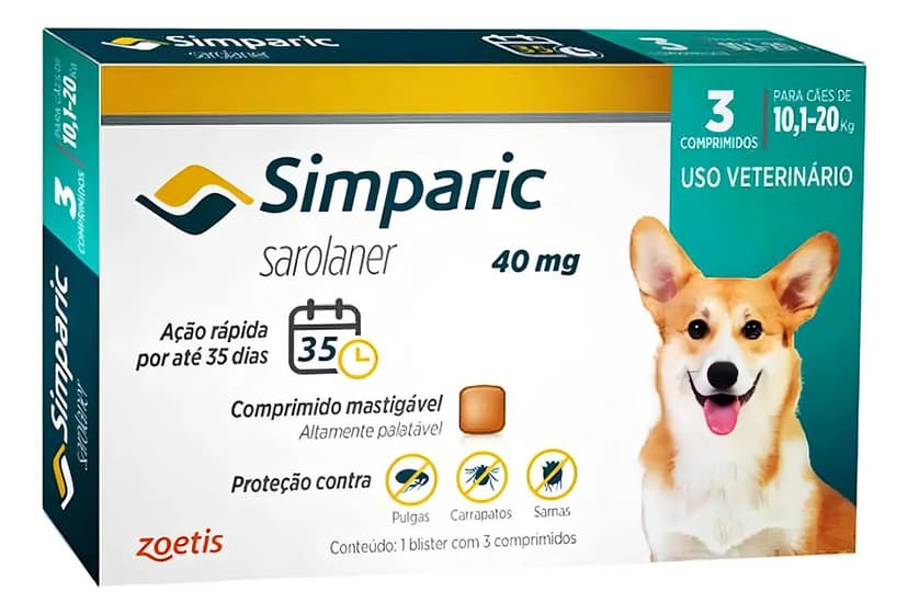 Simparic Comprimido Antiparasitário Cães 10-20kg Pulgas Carrapatos 3un