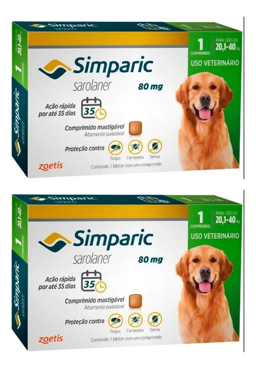 Simparic 80mg 20-40kg 2un Antipulgas Carrapatos Cães
