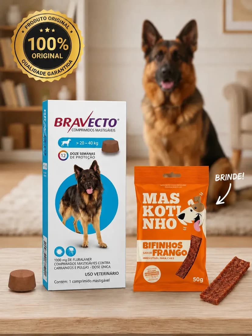 Bravecto Cães Comprimido Mastigável Antipulgas e Carrapatos 20-40kg 1000mg