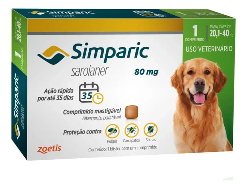 Antipulgas Simparic 80mg para Cães de 20.1kg a 40kg
