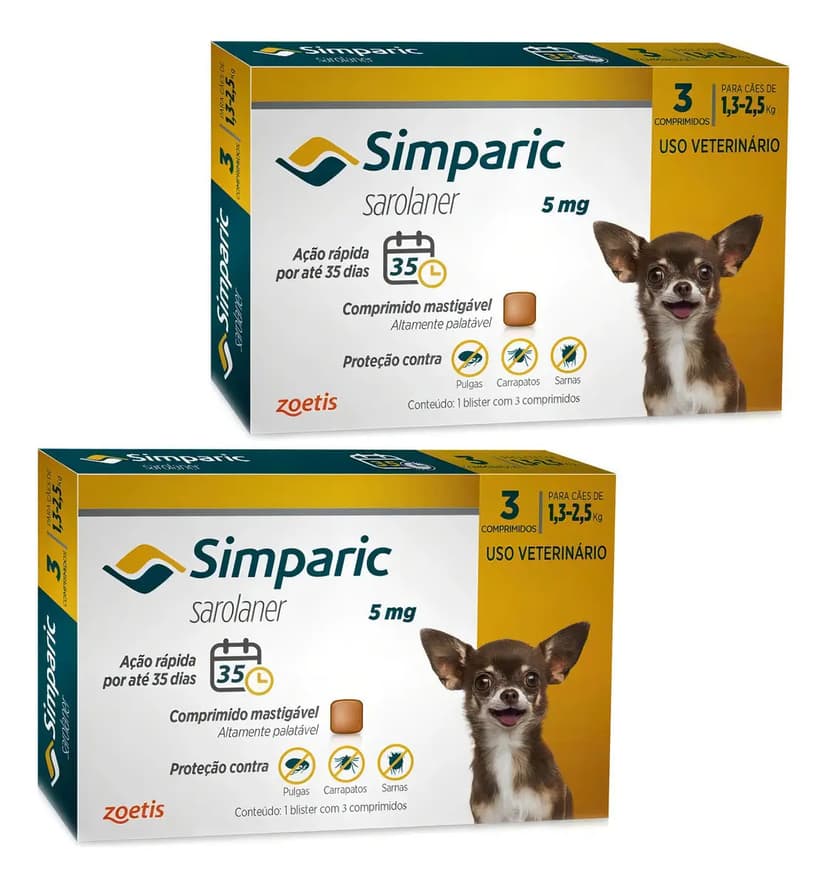 Simparic Antipulgas Carrapatos Cães Pequenos 1,3-2,5kg Zoetis 3 Comprimidos