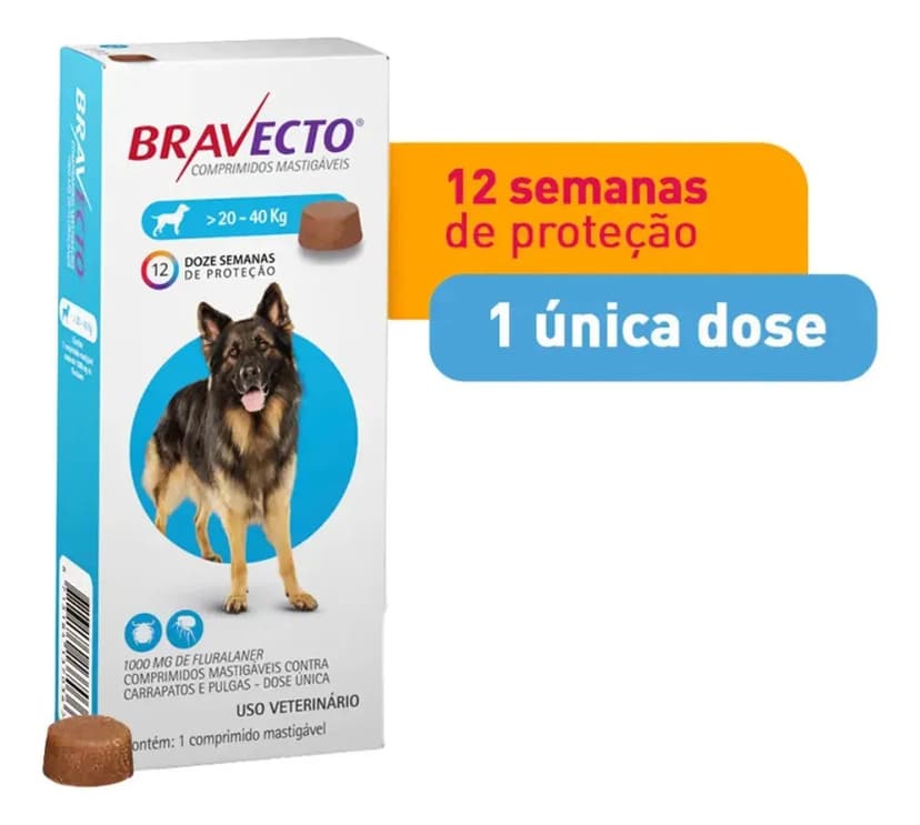 Bravecto Antipulgas Carrapatos Cachorros 20-40kg Comprimido 1000mg