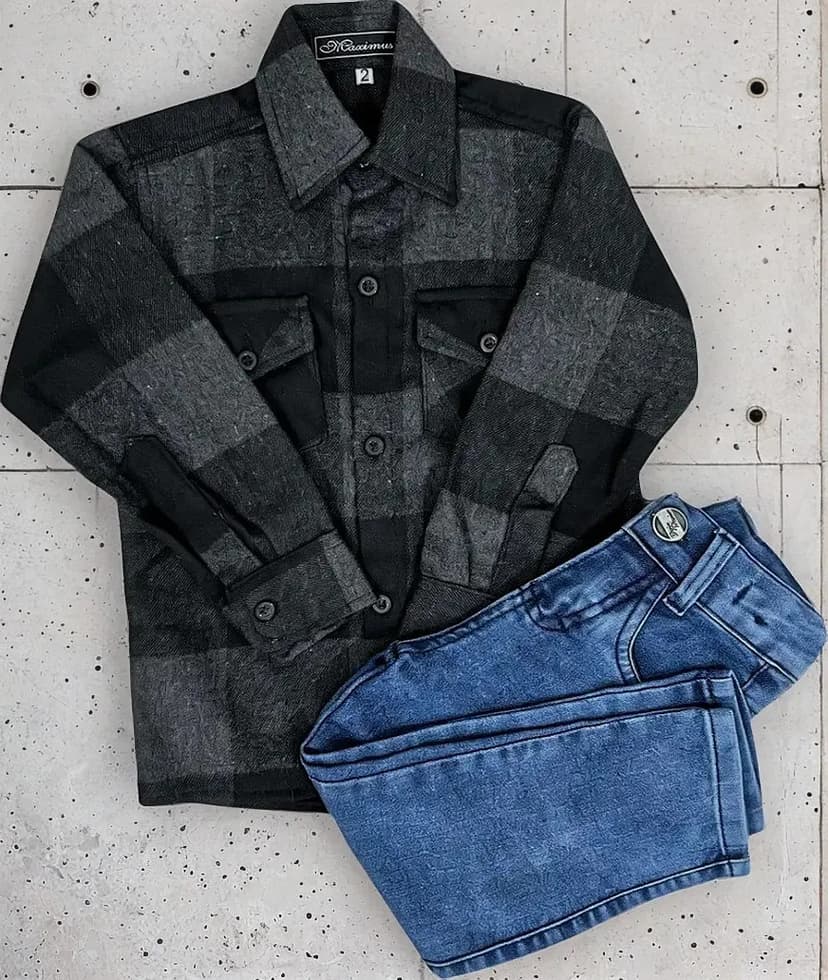 Conjunto Camisa Xadrez E Calça Jeans Infantil/juvenil Menino Cor Grafite calça clara