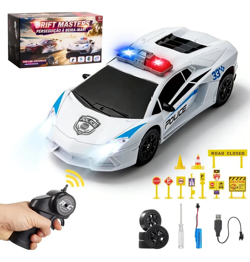 1:16 Carrinho Controle Remoto Faz Drift Bateria Recarregave,2.4GHz Brinquedo Carrinho De Controle Remoto Polícia,Inclui Acessórios Para Barreiras Viárias,Baterias e Um Cabo De Carregamento