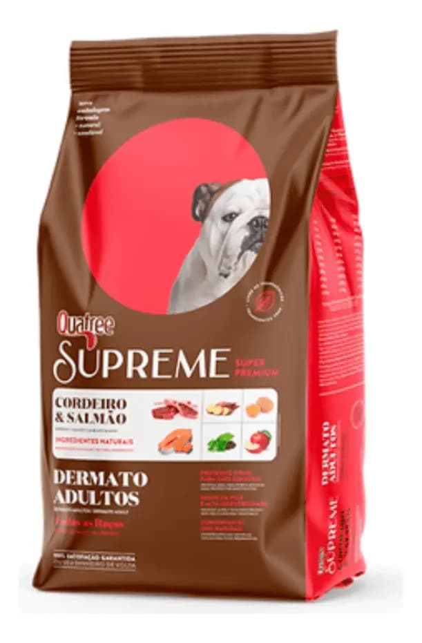 Racao Quatree Supreme Caes Adultos Dermato e Dermasense Racas Medias Grandes Salmao Cordeiro 15KG