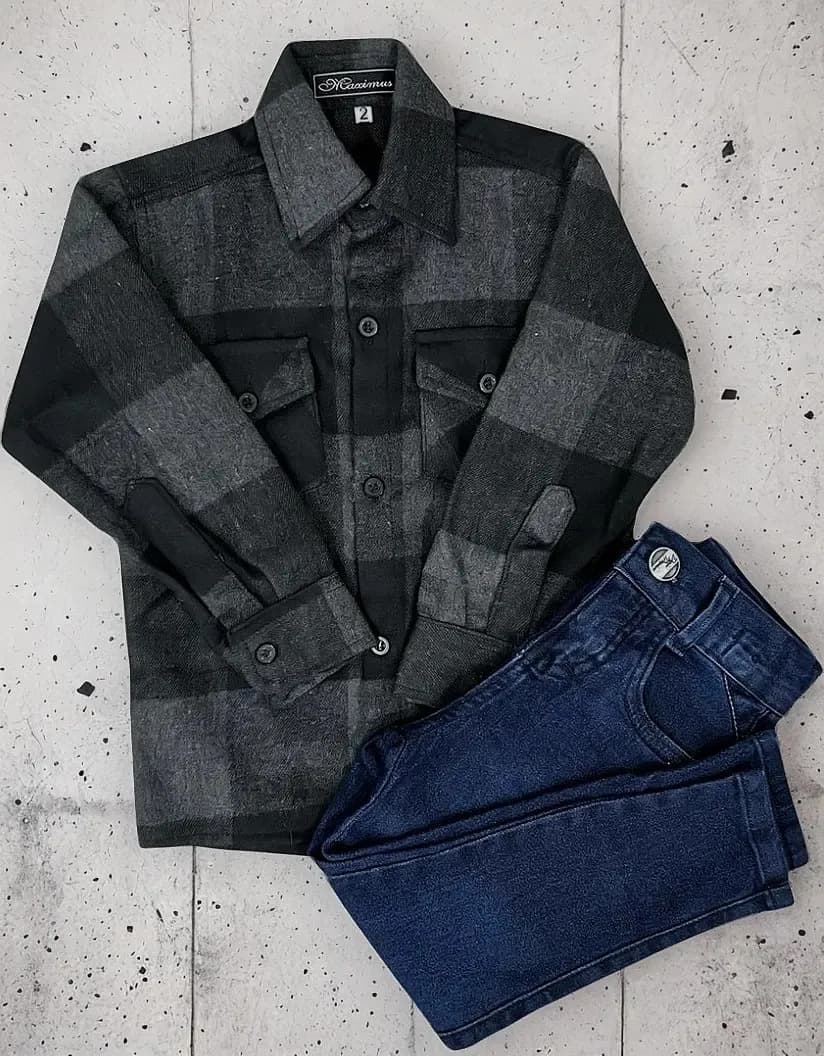 Conjunto Camisa Xadrez e Calça Jeans Infantil Menino Grafite
