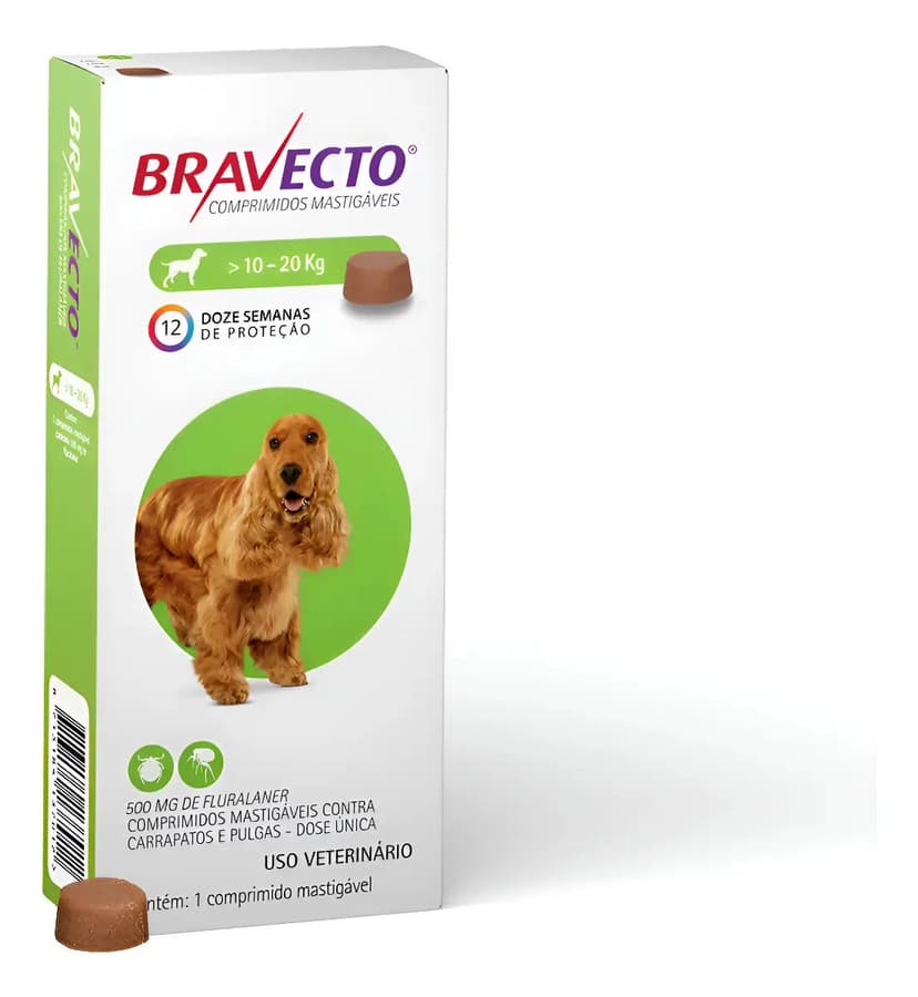 Antipulgas E Carrapatos Bravecto Cães 10 A 20kg - Comprimido Verde