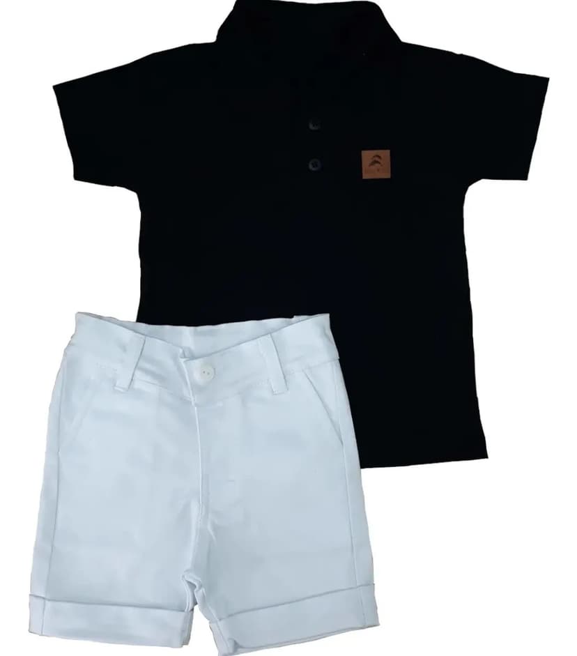 Conjunto Infantil Menino Camisa Polo Preta Com Bermuda Brim Cor Bermuda Branca Tamanho 3 Anos