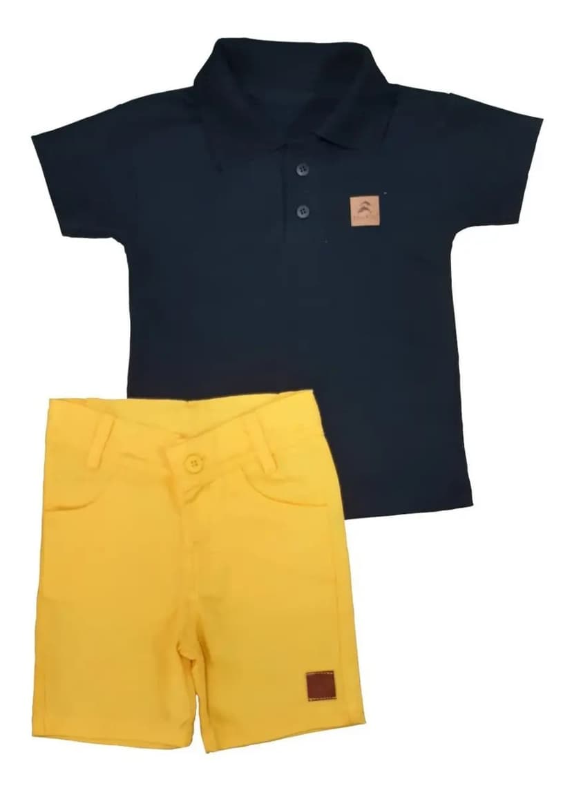 Conjunto Infantil Menino Camisa Polo Preta Com Bermuda Brim Cor Bermuda Amarela Tamanho 2 Anos