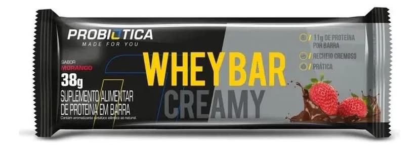 Whey Bar Creamy Probiótica Morango 38g Barra Proteína Supley