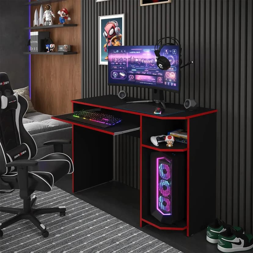 Mesa De Computador Gamer Preto Com Vermelho